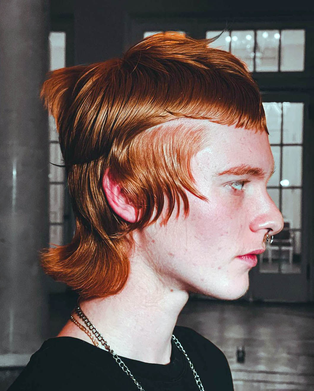 Mullet with Short Straight Fringe and Hard Line